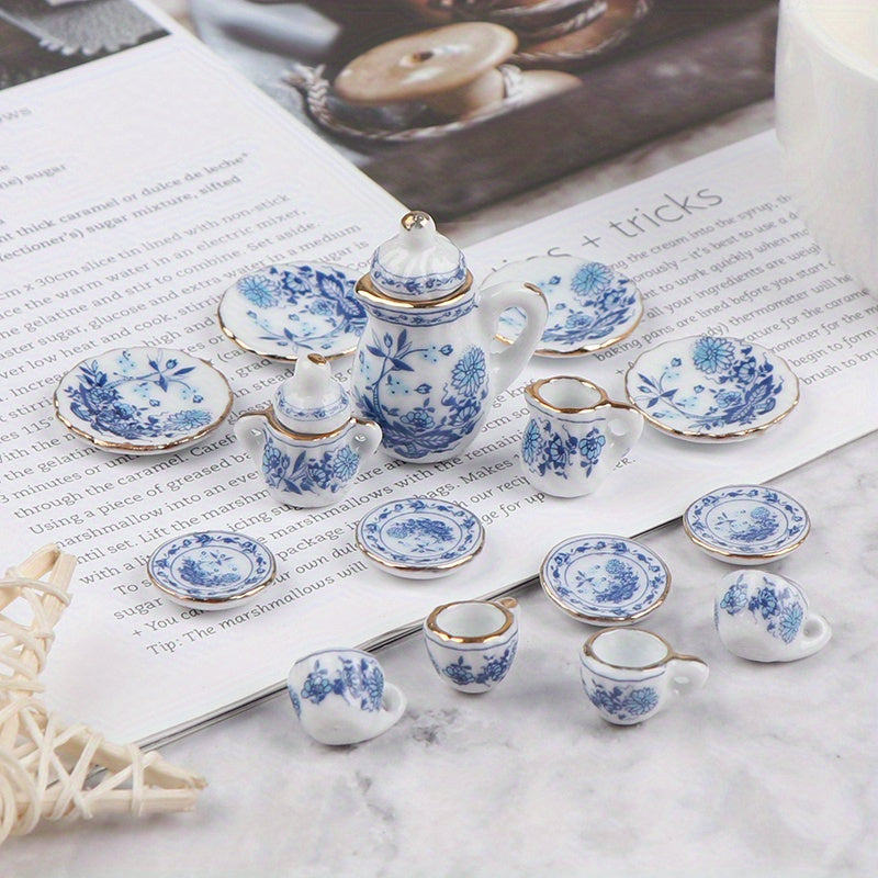 1:12 Scale Chinese Ceramic Tea Set with Floral Pattern for Dollhouse