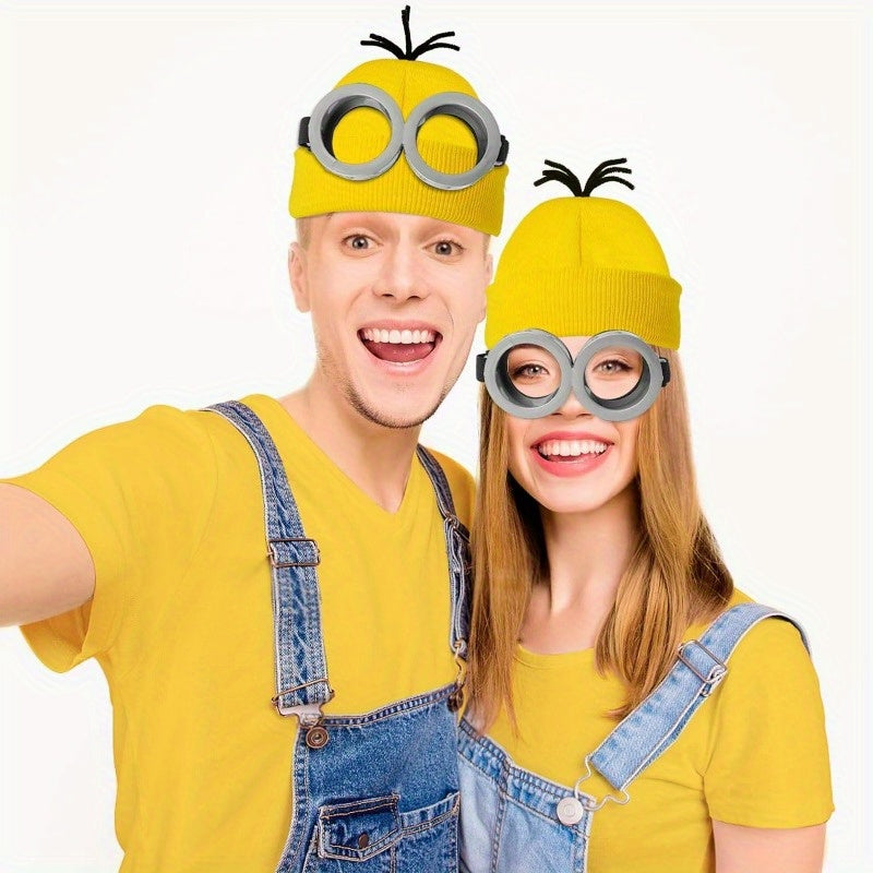 3pcs Halloween Costume Set for Adults - Goggles, Yellow Beanie & Gloves