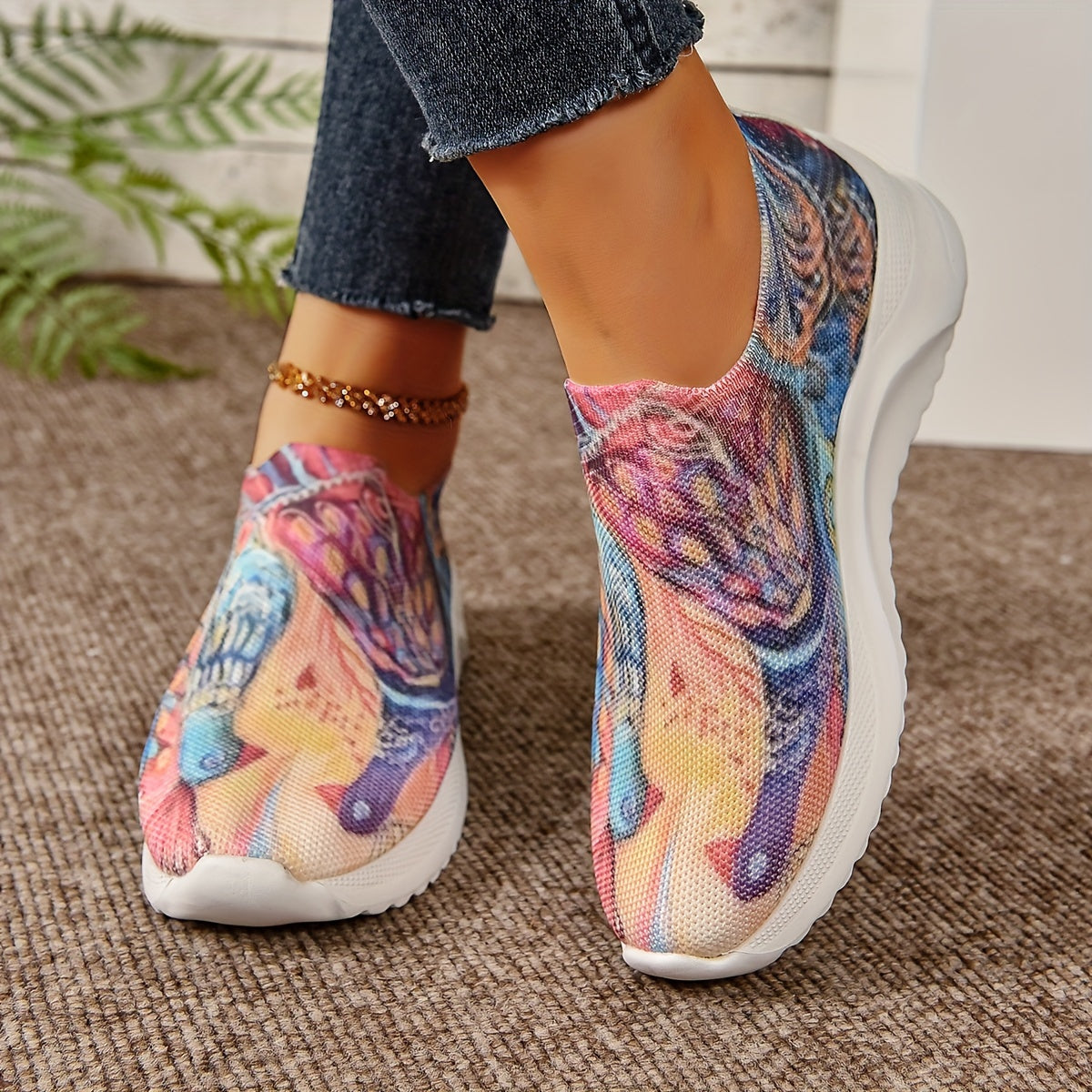 Women's Peacock Graphic Flying Running Shoes Comfort Slip on Flat Shoes