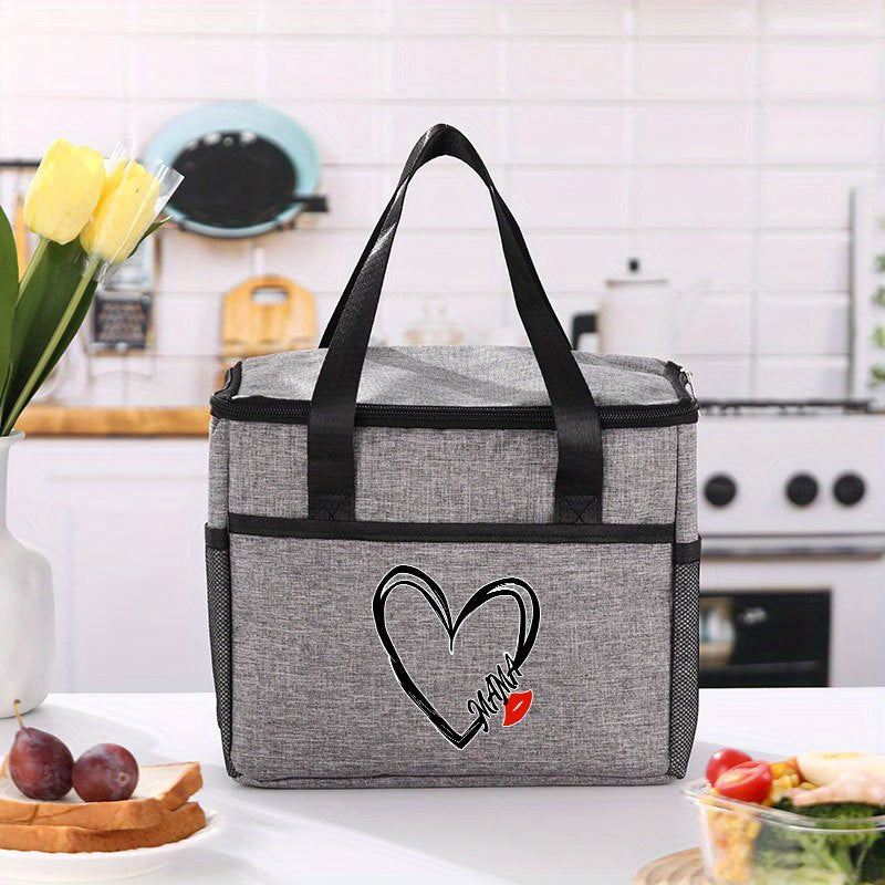 Insulated Lunch Bag Love MAMA Portable Cooler Tote Grey Thermal Food