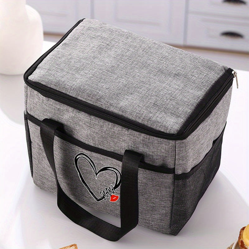 Insulated Lunch Bag Love MAMA Portable Cooler Tote Grey Thermal Food