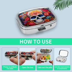 Skull Pattern Metal Case Medication Organizer 2 Compartment Mini Storage Box