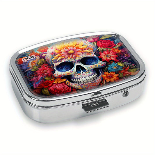 Skull Pattern Metal Case Medication Organizer 2 Compartment Mini Storage Box