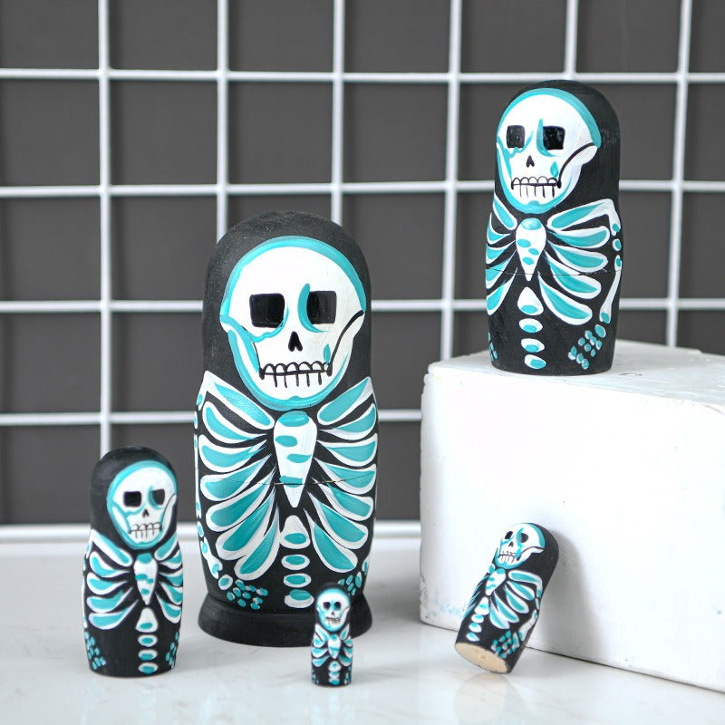Skull Pattern Wooden Doll Figurine Nesting Doll