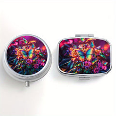 Set of 2 Butterfly Pattern Pill Boxes, Round & Square Compartments