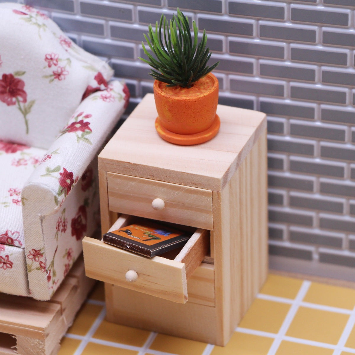 Dollhouse Mini Wooden Bedside Table 6 Drawer Storage & Mirror