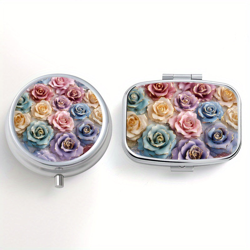 Ceramic Rose Pattern Pill Boxes Set of 2 - Round & Square