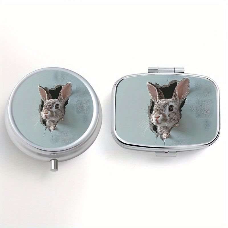 Set of 2 Rabbit Patterned Pill Boxes, 3 & 2 Compartments, Round & Square