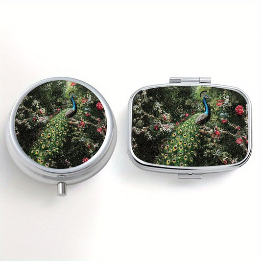 Peacock Pattern Pill Box Set - Round & Square, Portable Medicine