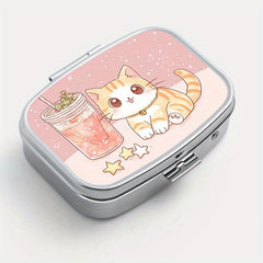 Cat Print Drink Square Pill Box Dual Compartment Metal Medicine Case