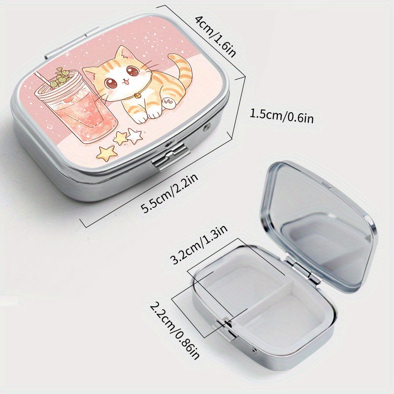 Cat Print Drink Square Pill Box Dual Compartment Metal Medicine Case
