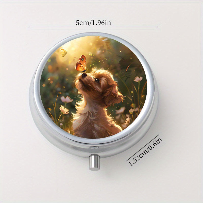 3 Compartment Pill Organizer Round Case with Puppy & Butterfly Print