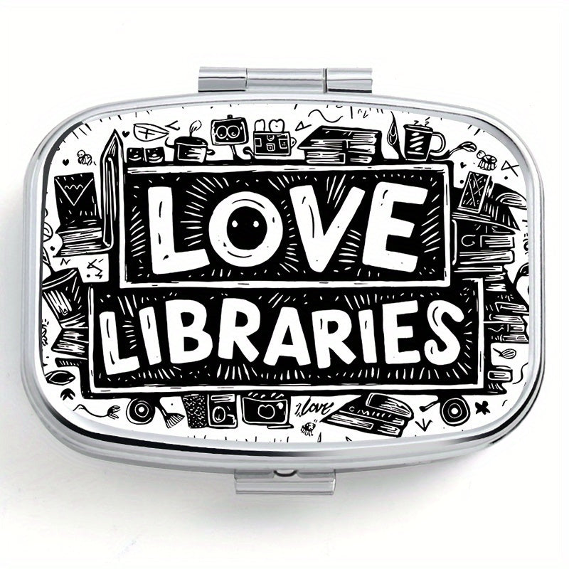 Portable Library Pill Organizer with 2 Compartments - Metal Medicine Box