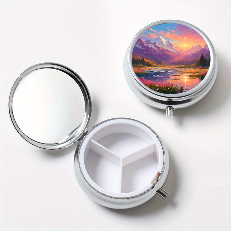 Snow Mountain Round Pill Box 3 Compartment Mini Portable Travel Outdoor Sports