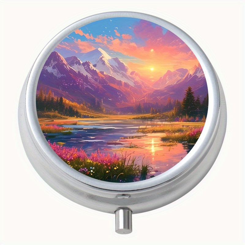 Snow Mountain Round Pill Box 3 Compartment Mini Portable Travel Outdoor Sports