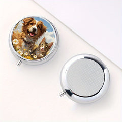 Flower Cat Dog Round Pill Box, Three Compartments, Portable for Trav