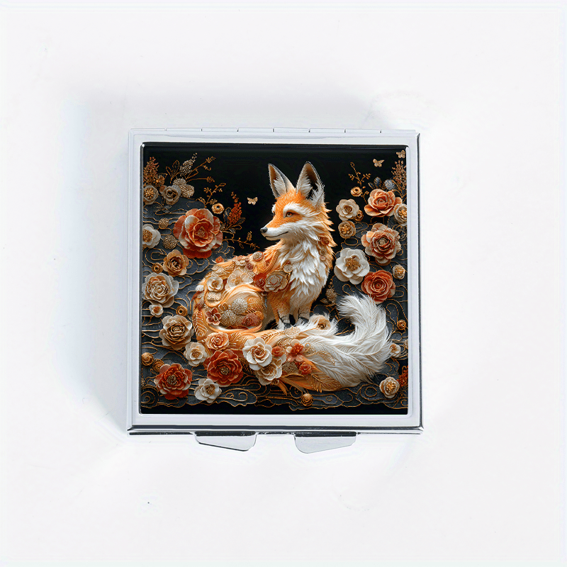 Floral Fox Pattern Square Pill Organizer 4 Compartment Medicine Box Metal Case