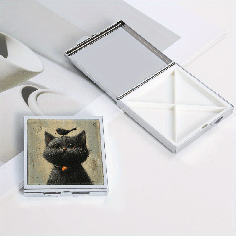 Cat & Bird Illustration Pill Box 4 Compartment Mini Portable Med