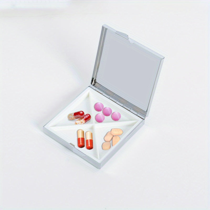 Cat & Bird Illustration Pill Box 4 Compartment Mini Portable Med