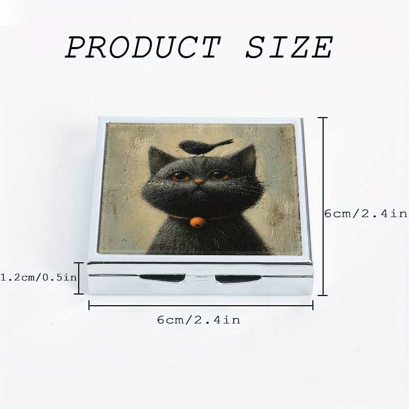 Cat & Bird Illustration Pill Box 4 Compartment Mini Portable Med