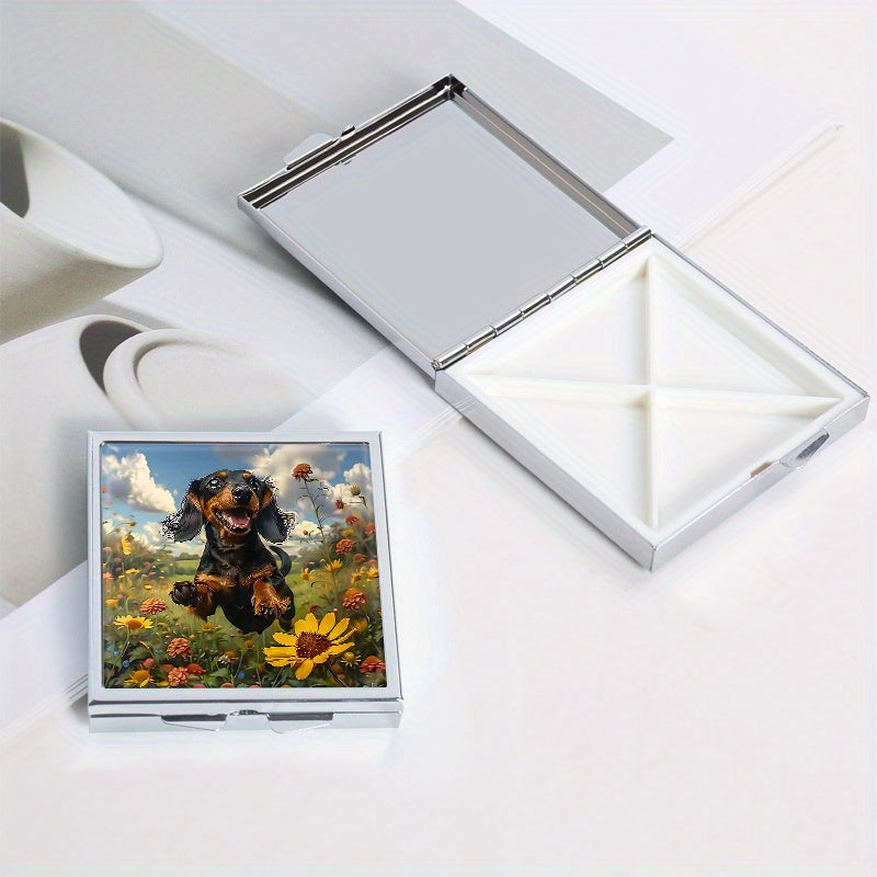 Garden Puppy Print Pill Box 4 Compartment Metal Storage Case