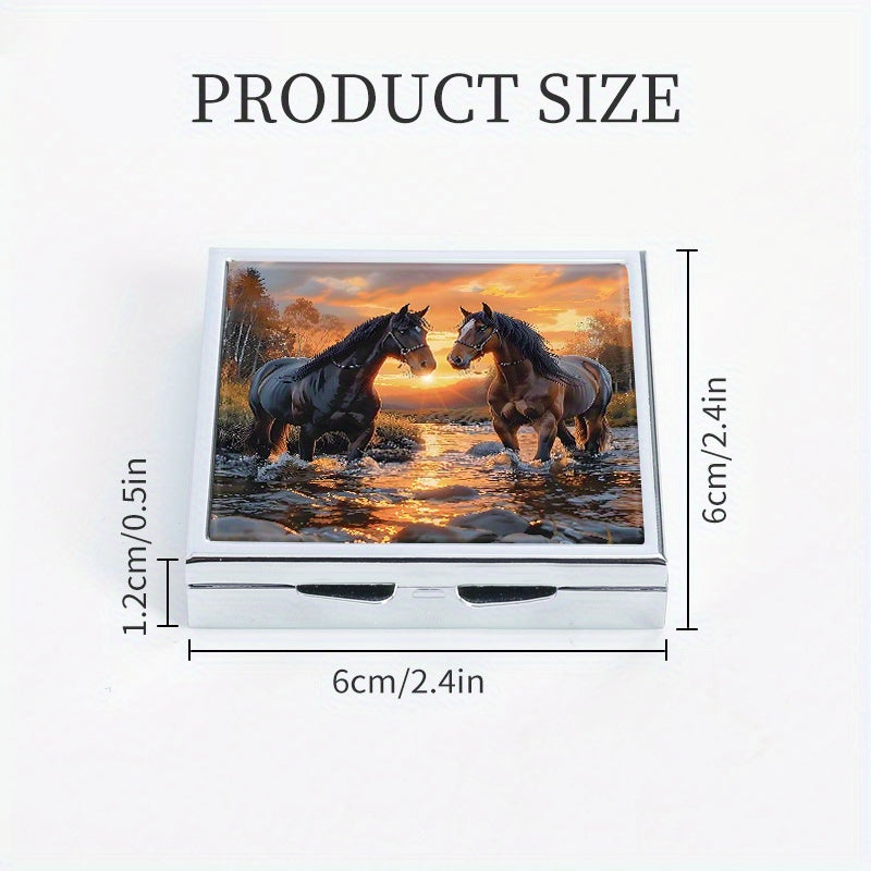 Horse Print Square Pill Case 4 Compartment Mini Portable Medicine Box
