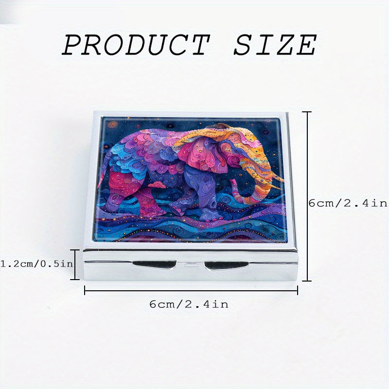 Colorful Elephant Print Square Pill Organizer 4 Compartment Metal Case