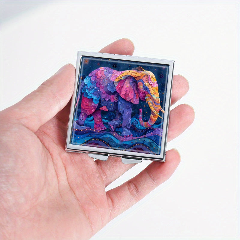 Colorful Elephant Print Square Pill Organizer 4 Compartment Metal Case