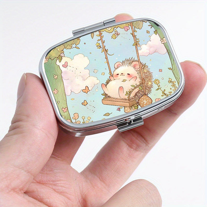 Hedgehog Print Pill Organizer 2 Compartment Portable Metal Case