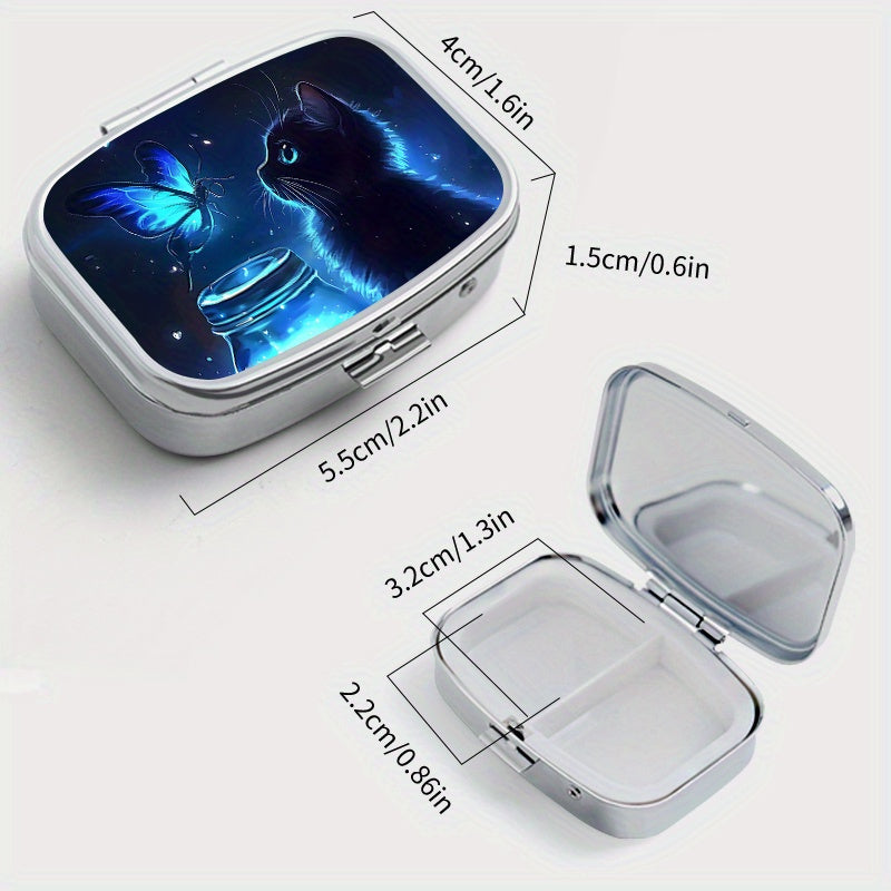 Cat Print Metal Pill Box with Dual Compartments for Travel Outdoor Activities