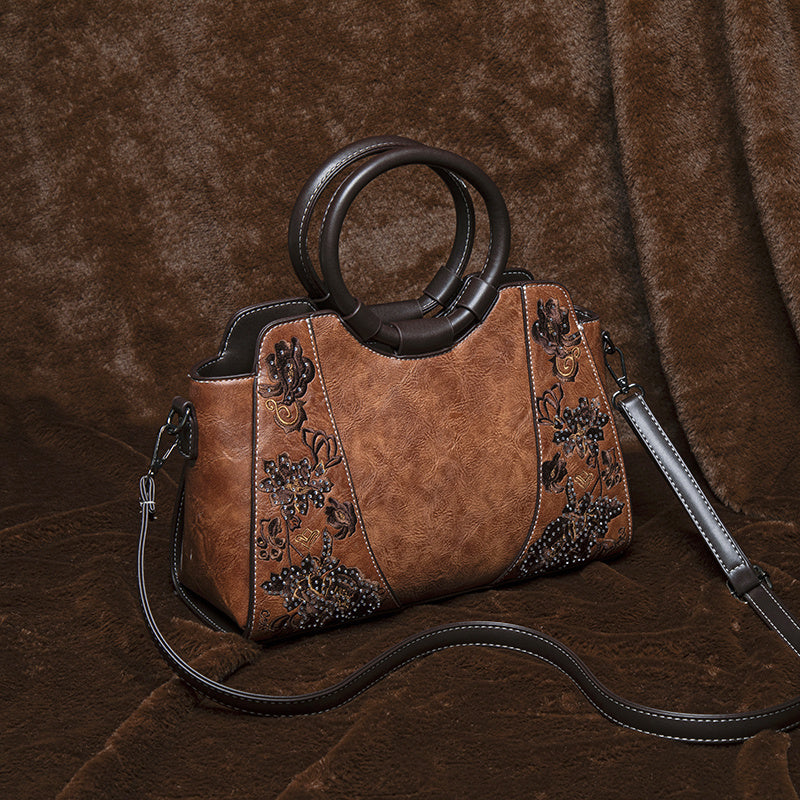 Vintage Floral Embroidered Messenger Bag Dark Brown