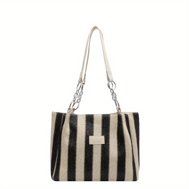 Colorblock Woven Beach Bag Striped Shoulder Tote for Travel