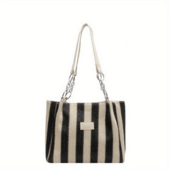 Colorblock Woven Beach Bag Striped Shoulder Tote for Travel