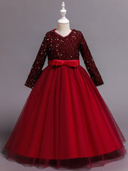 Girls Long Sleeve Tulle Sequined Ball Gown Dress