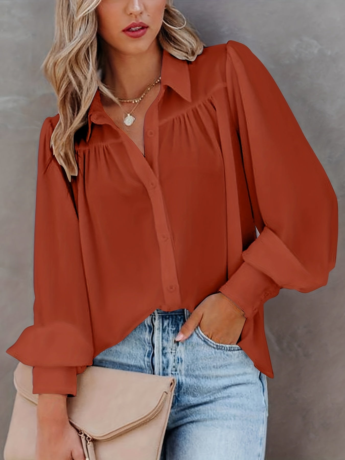  Solid Button Up Lantern Sleeve Blouse
