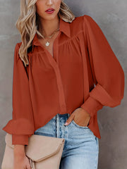  Solid Button Up Lantern Sleeve Blouse