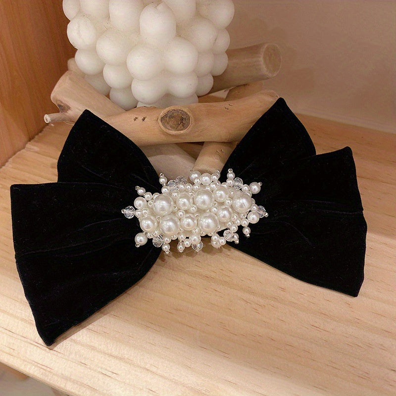 Bow & Faux Pearl Hair Clip Velvet Barrette Headwear