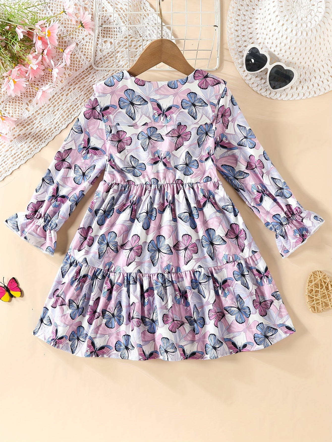 Girls Casual Butterfly Print Long Sleeve Dress