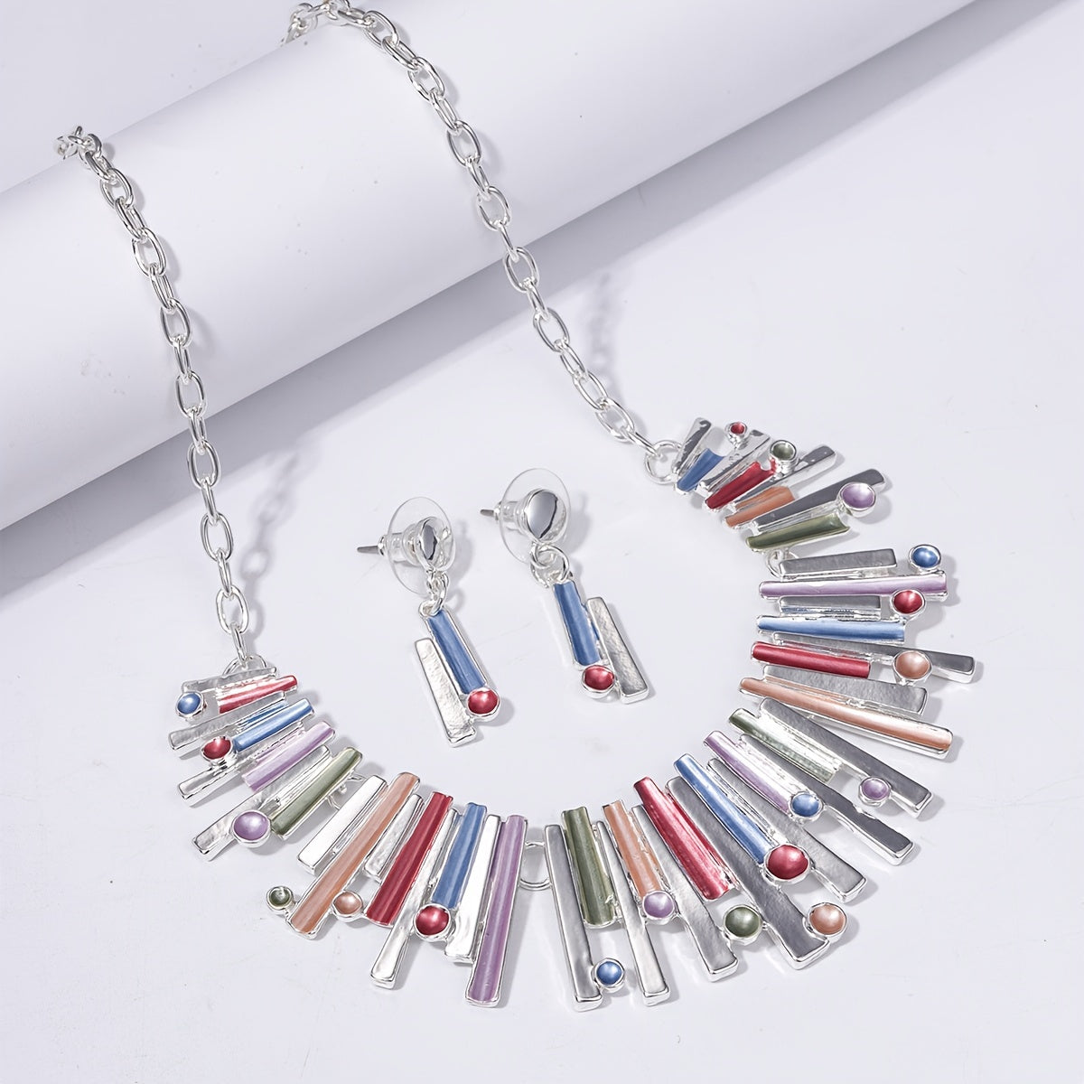3pcs Silver Plated Geometric Earrings Necklace Set