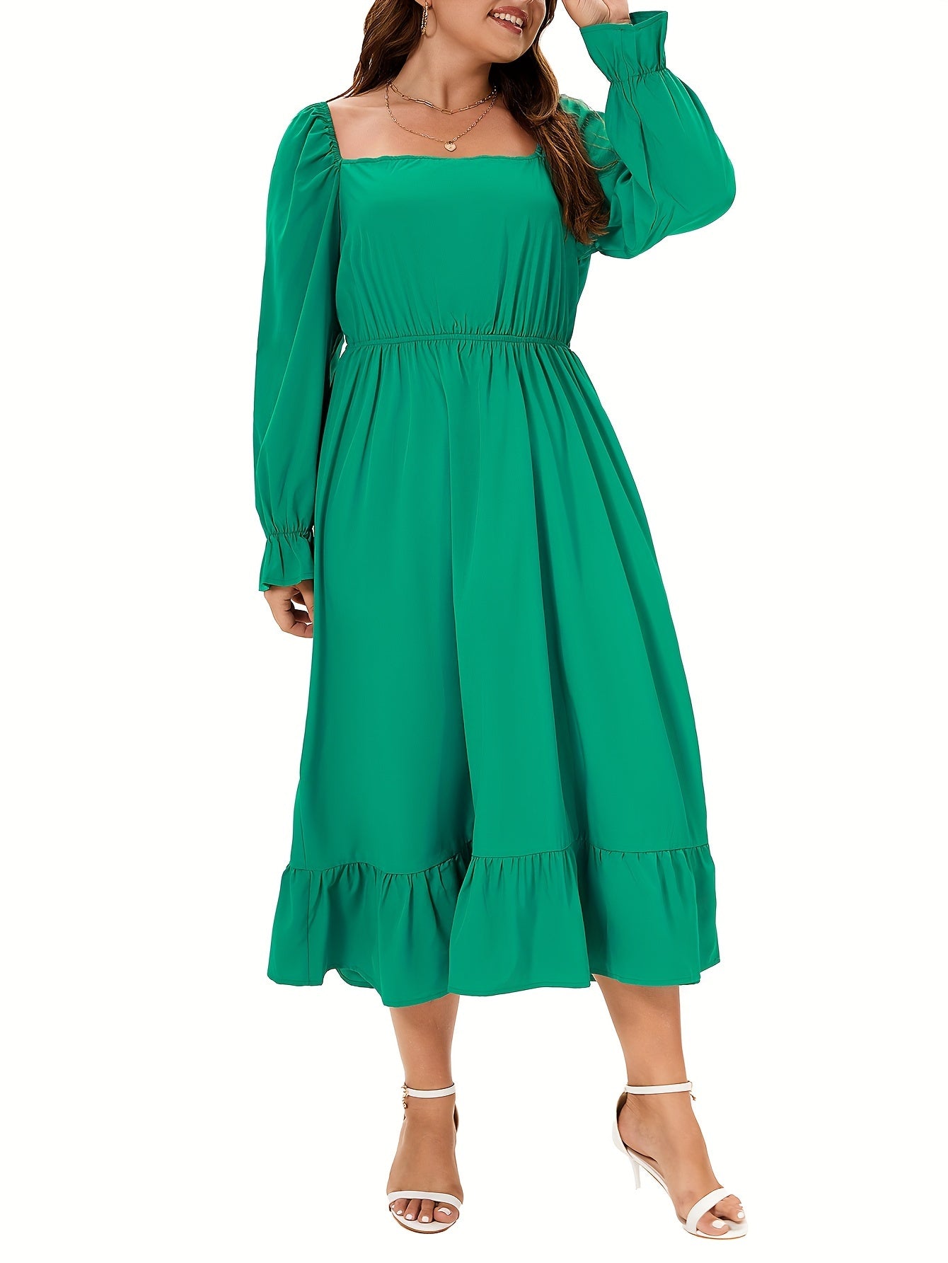  Solid Flounce Sleeve Square Neck Smock Dress