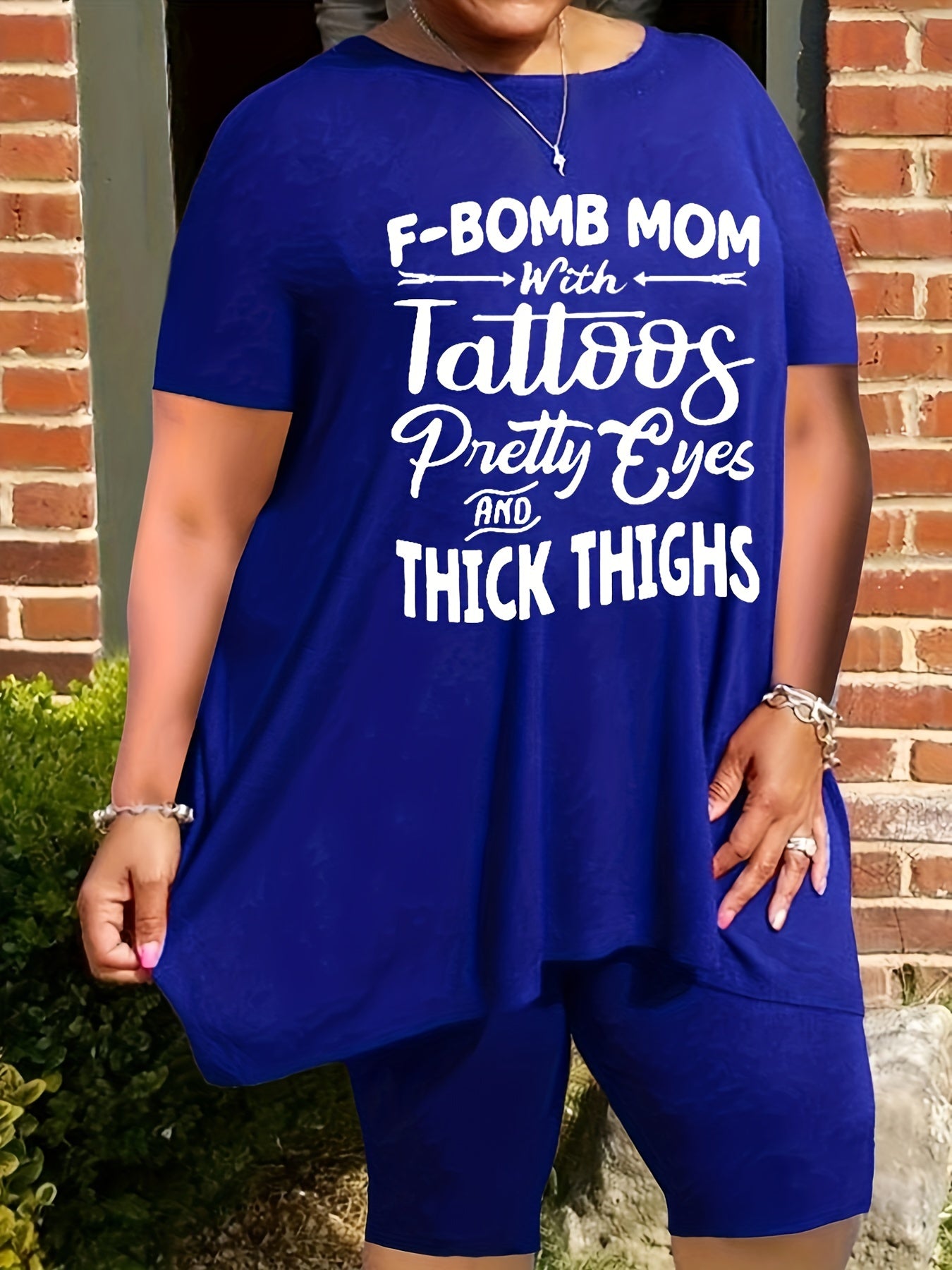  Slogan Print Tee & Shorts 2 Piece Set