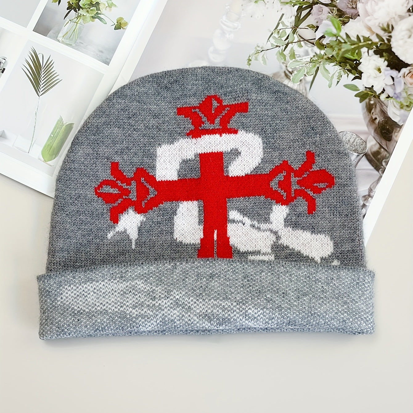 Snake Cross Jacquard Gothic Beanie Gray Skull Cap Y2K Knit Hat