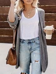  Solid Long Sleeve Open Front Split Sweater Cardigan