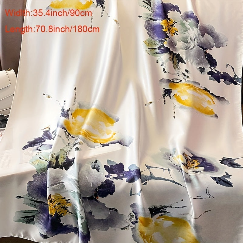 Flower Print Satin Scarf Beige Silk Shawl Casual Windproof Head Wrap