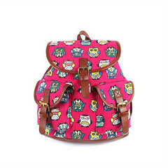 Colorful Owl Print Flap Backpack Preppy Style School Bag Drawstring