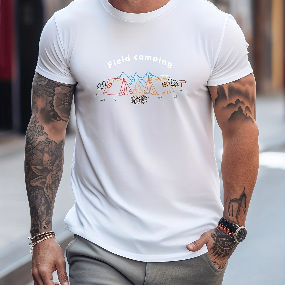 Men's Printed Leisure Sports T-shirt Casual Round Neck Tee Shirt
