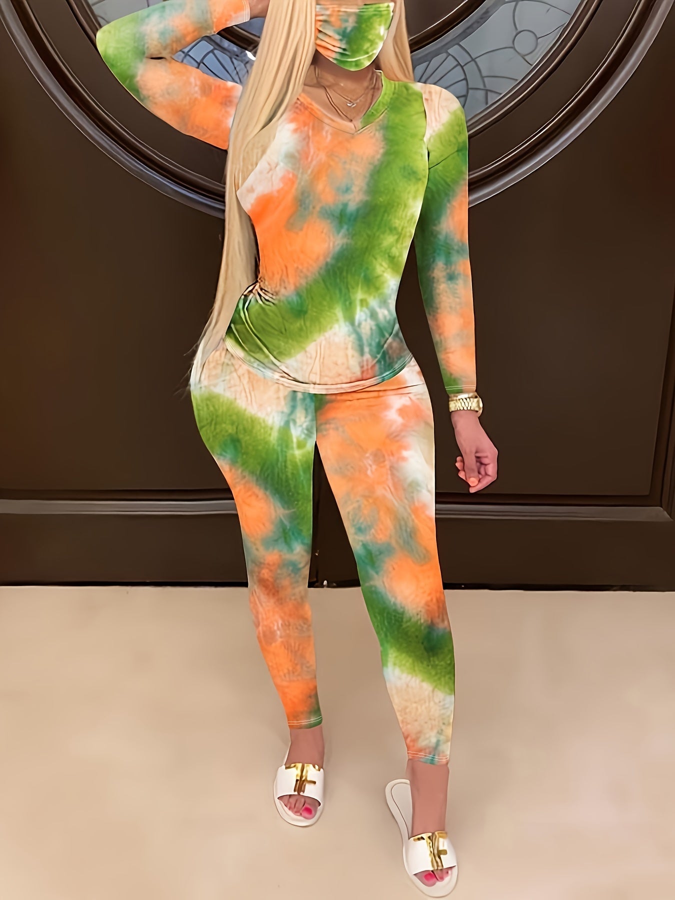  Tie Dye Long Sleeve V Neck Tee & Leggings Set