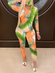  Tie Dye Long Sleeve V Neck Tee & Leggings Set