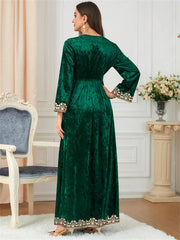  Velvet Applique Jalabiya Dress Long Sleeve Maxi Dress
