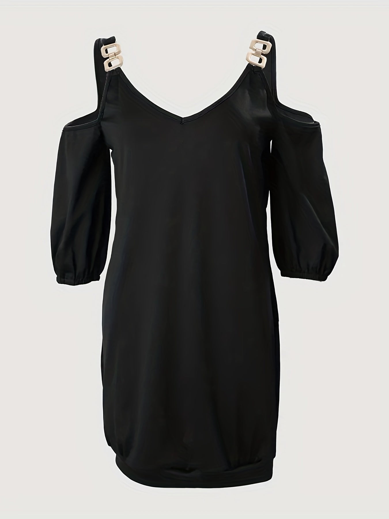 Casual Cold Shoulder V Neck Dress 3/4 Sleeve Solid